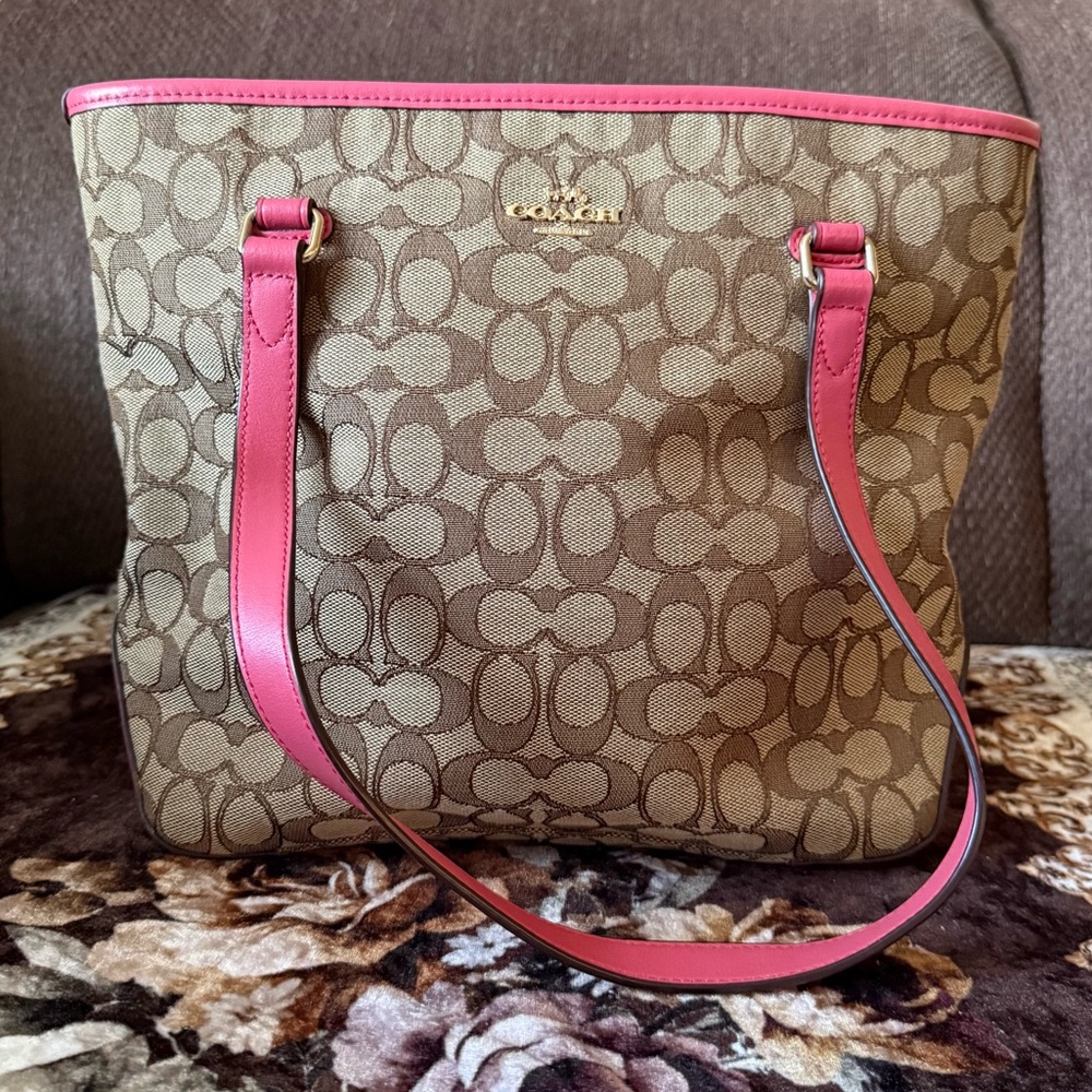 COACH Signature Coated Canvas Zip Top Gold-Tone Hardware Shoulder Bag